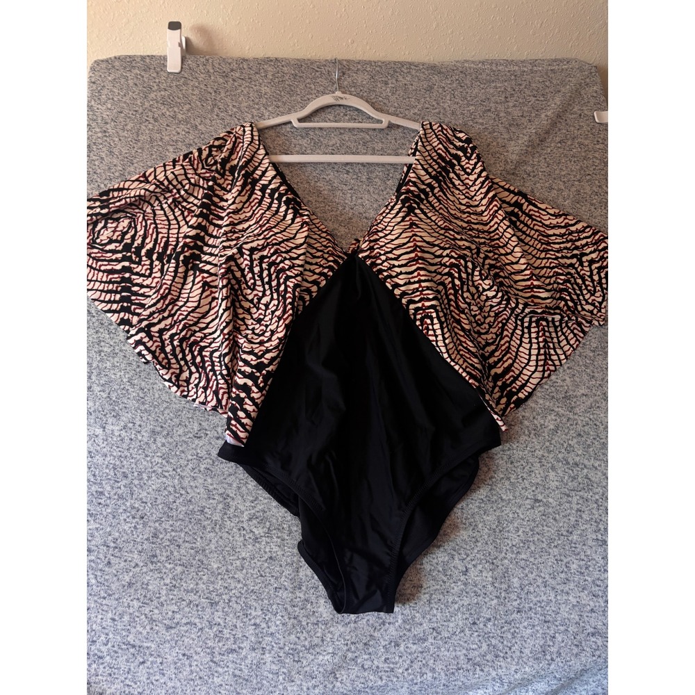 Raisins Curve One Piece Swimsuit Womens 20W Black Abstract Flutter Sleeve